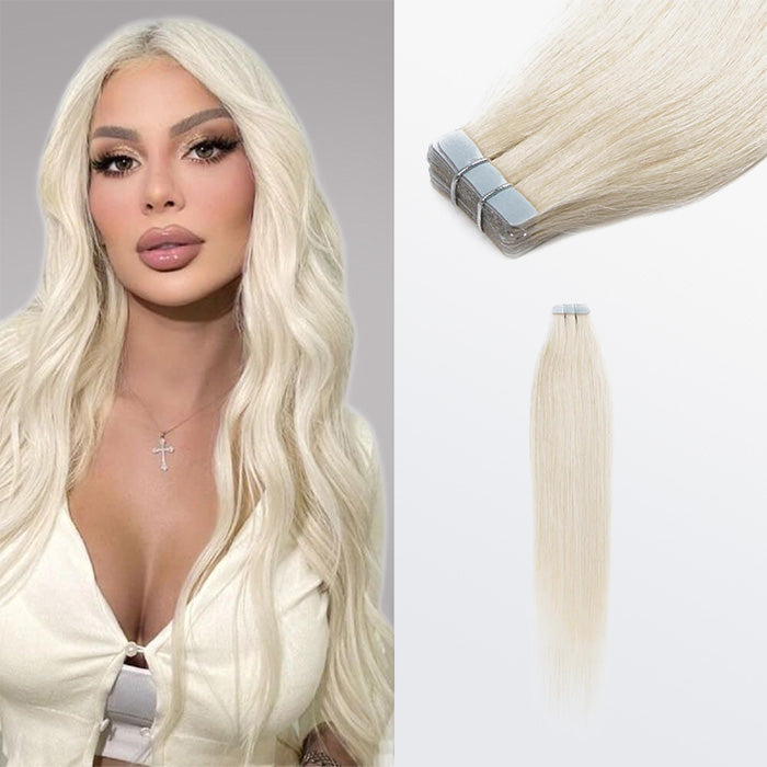 Premium Quality Straight Tape In Remy Hair Extensions #60 White Blonde