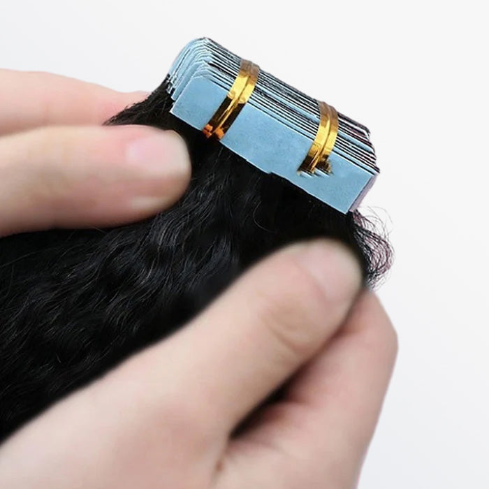 Afro-textured Kinky Straight Tape In Remy Hair Extensions #1B Natural Black