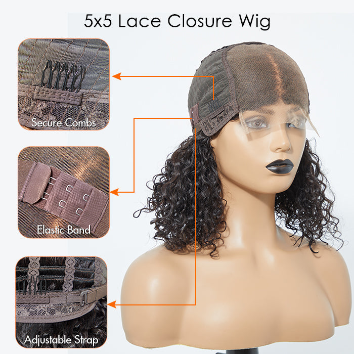 Water Wave 5x5 Glueless Lace Closure Bob Wig 150% Density | 100% Human Hair
